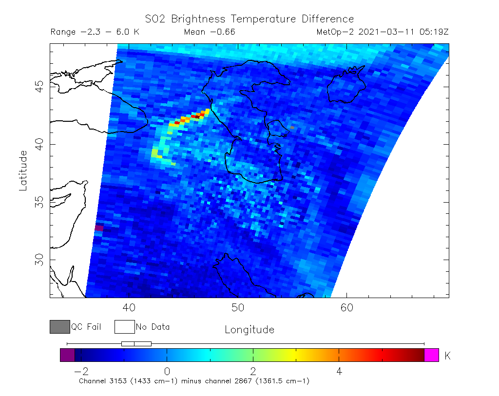 SO2 Brightness Temperature Difference 2021-03-11 05:19Z