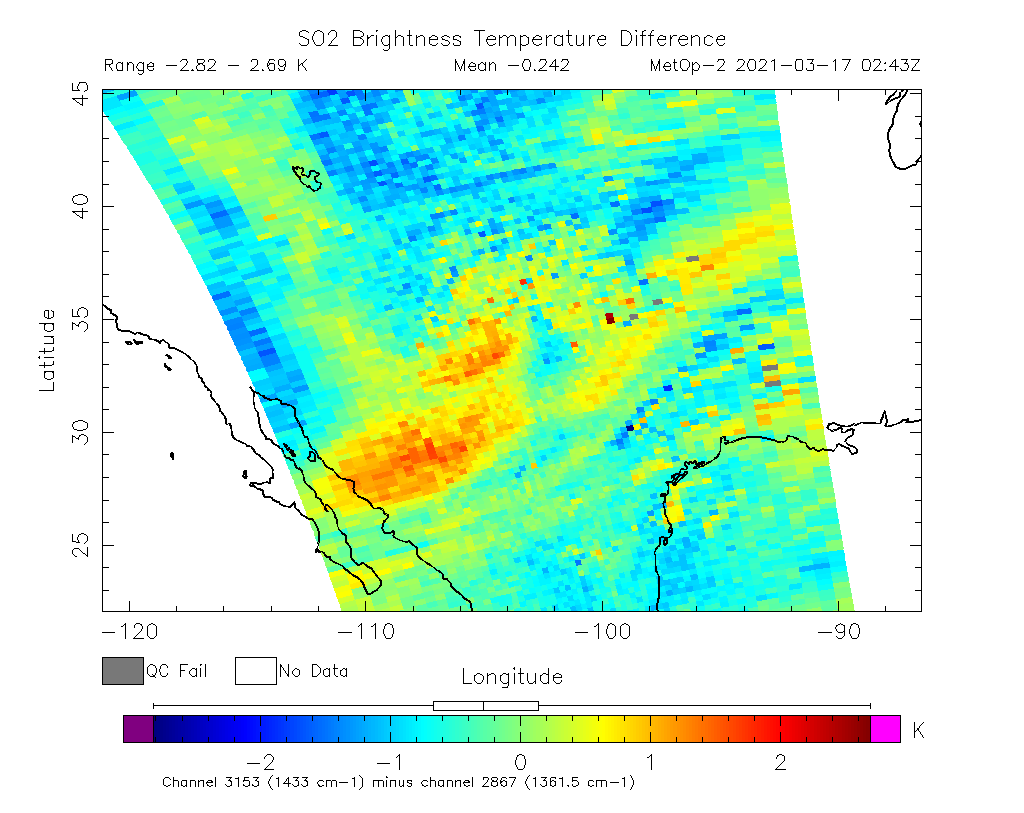 SO2 Brightness Temperature Difference 2021-03-17 02:43Z