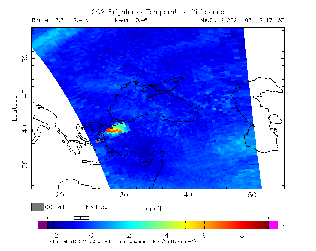 SO2 Brightness Temperature Difference 2021-03-19 17:16Z
