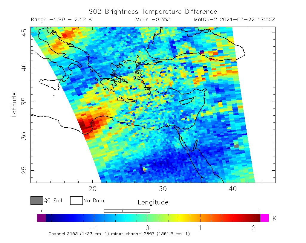 SO2 Brightness Temperature Difference 2021-03-22 17:52Z