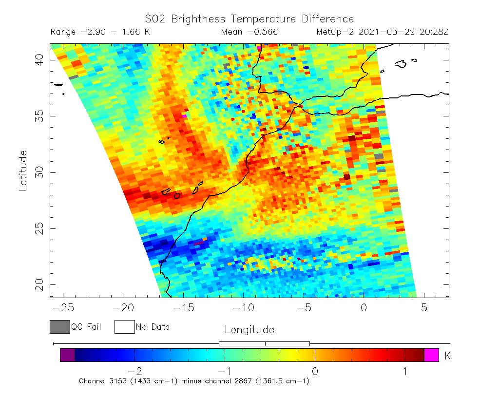 SO2 Brightness Temperature Difference 2021-03-29 20:28Z