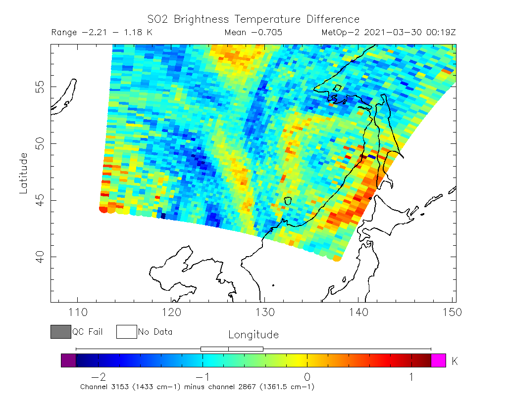 SO2 Brightness Temperature Difference 2021-03-30 00:19Z