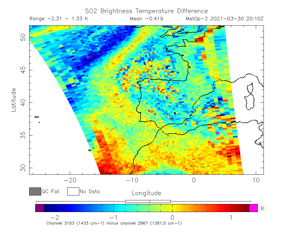 SO2 Brightness Temperature Difference 2021-03-30 20:10Z