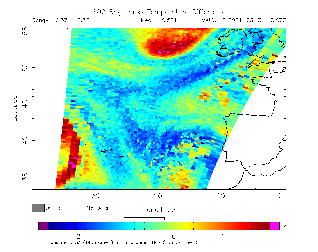 SO2 Brightness Temperature Difference 2021-03-31 10:07Z