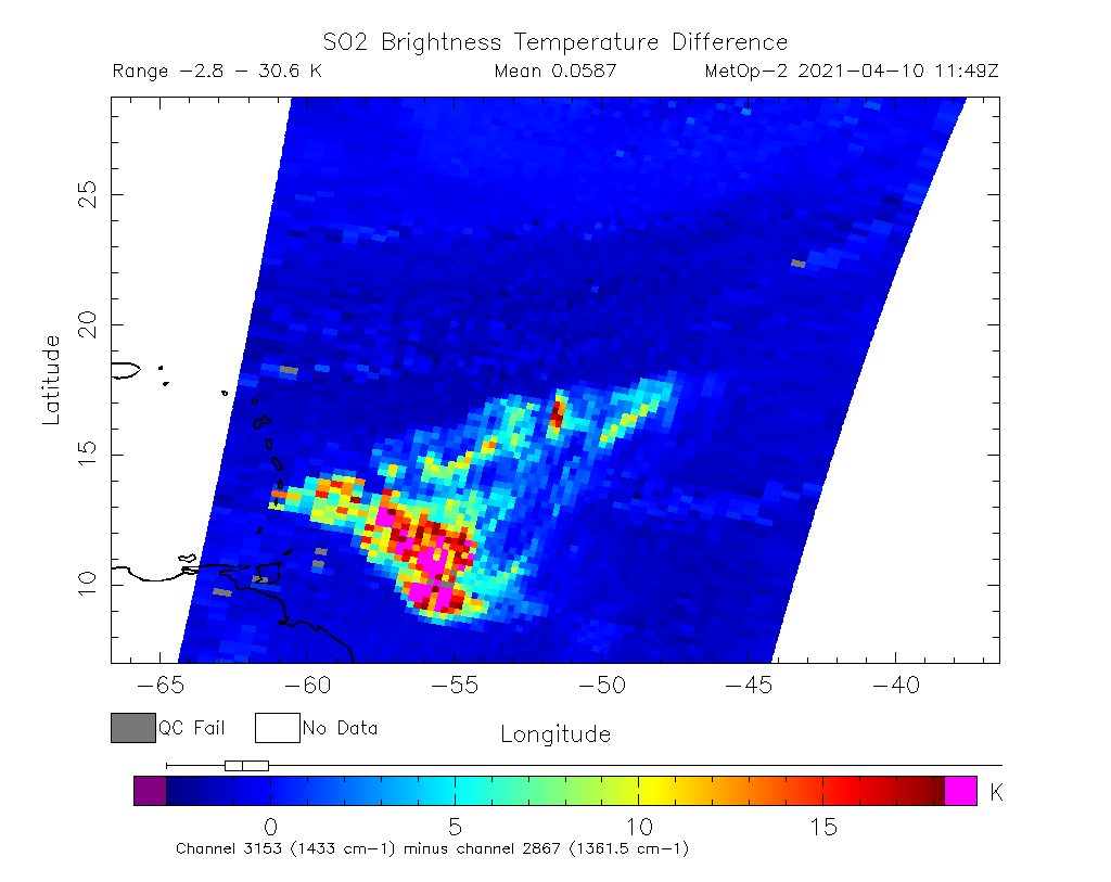 SO2 Brightness Temperature Difference 2021-04-10 11:49Z