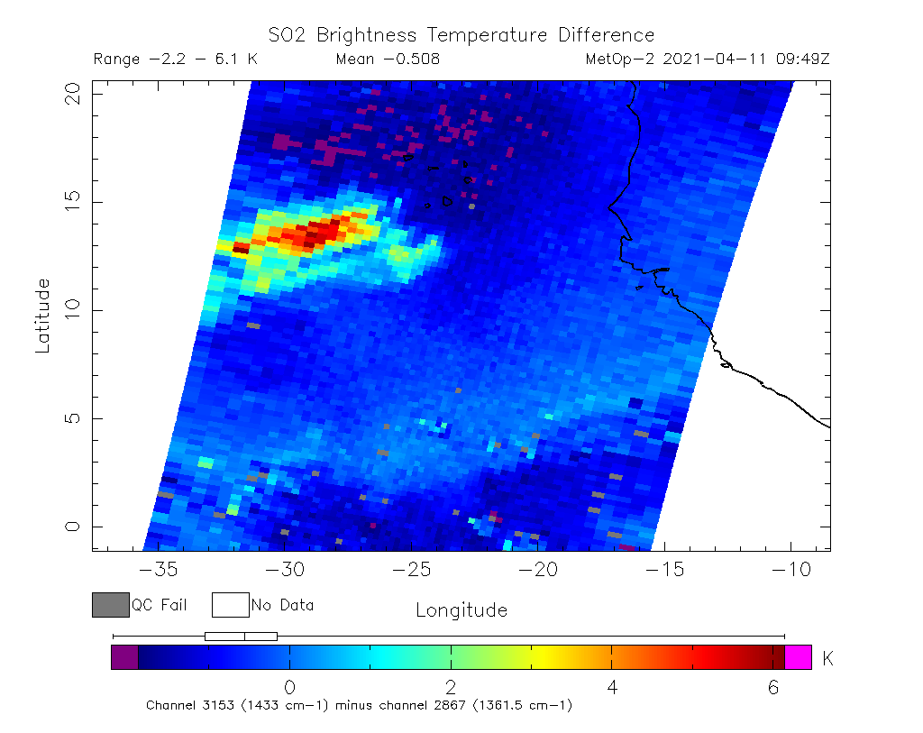 SO2 Brightness Temperature Difference 2021-04-11 09:49Z