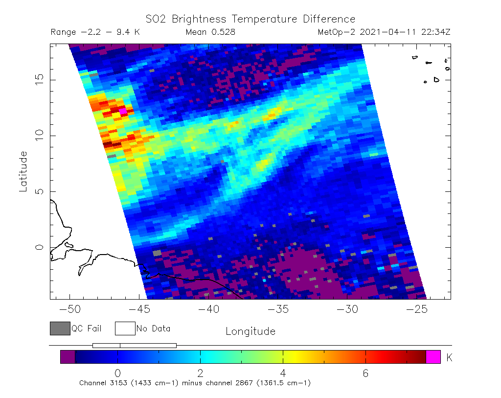 SO2 Brightness Temperature Difference 2021-04-11 22:34Z