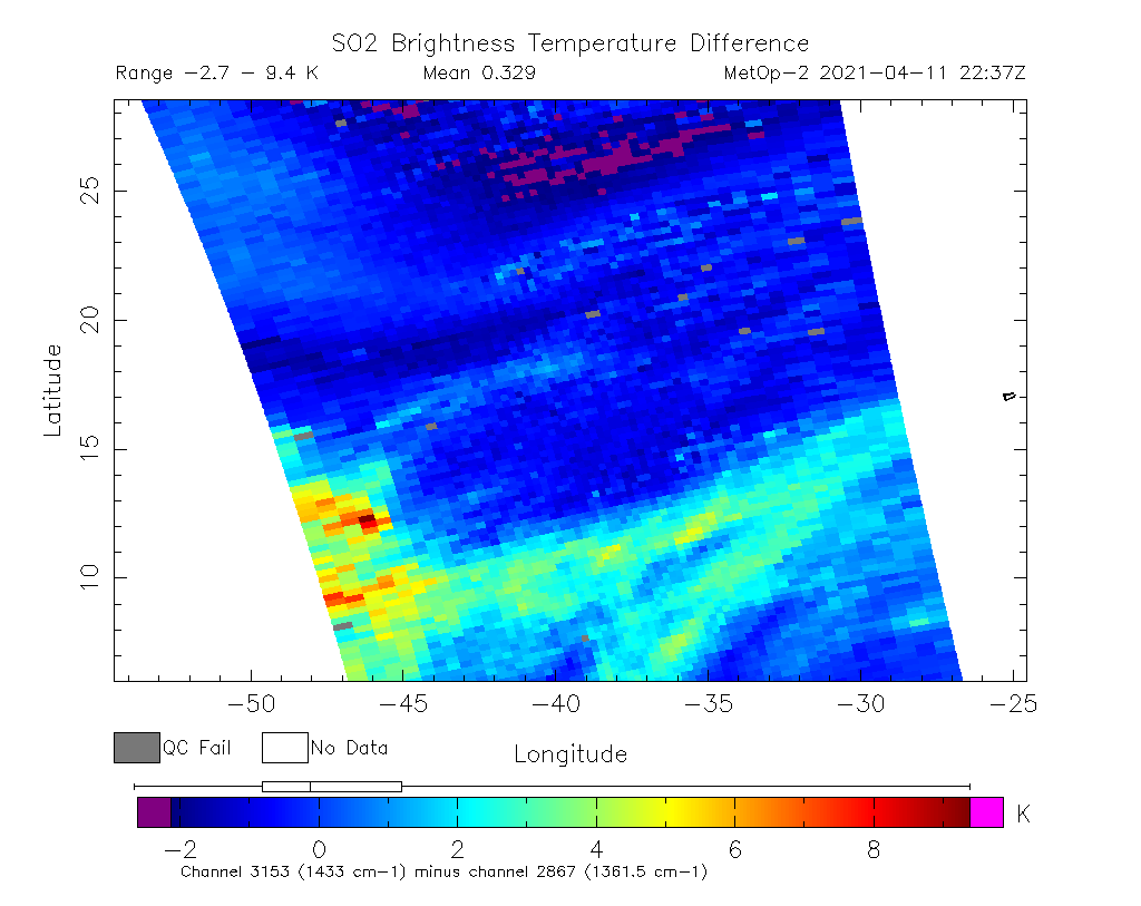SO2 Brightness Temperature Difference 2021-04-11 22:37Z