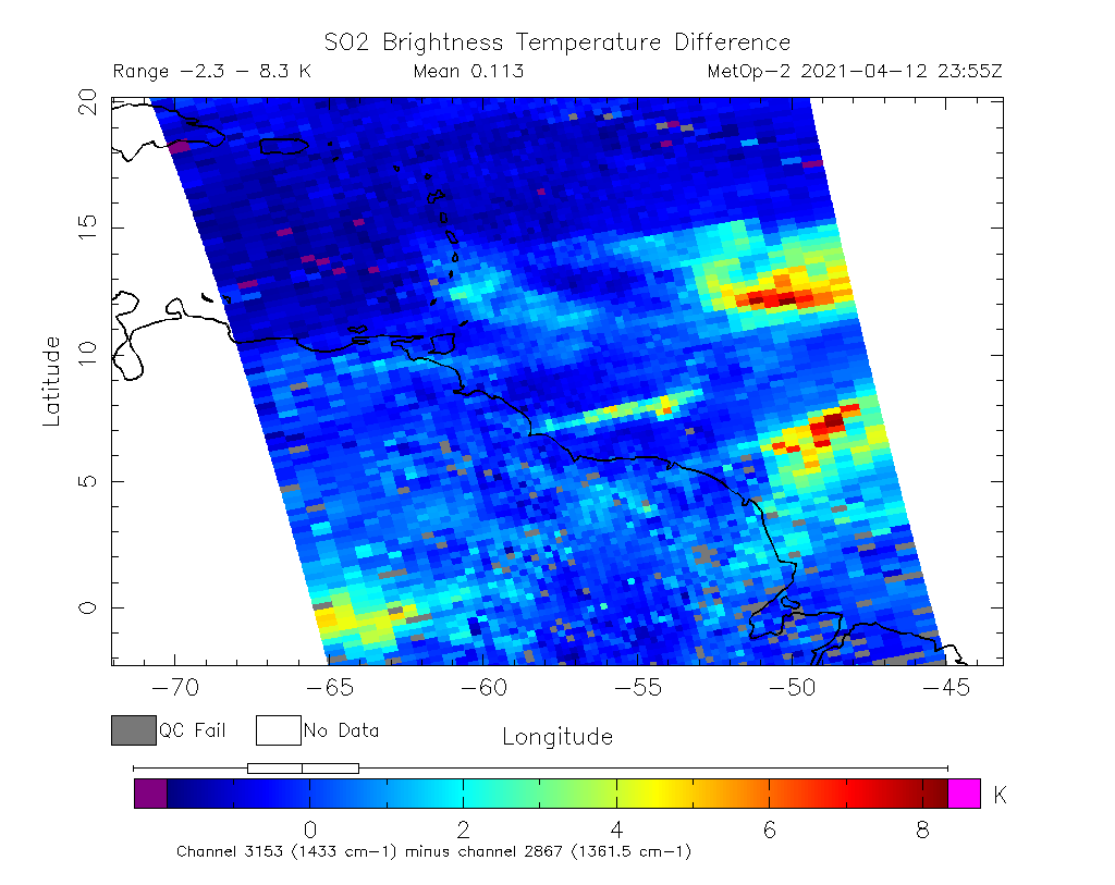 SO2 Brightness Temperature Difference 2021-04-12 23:55Z