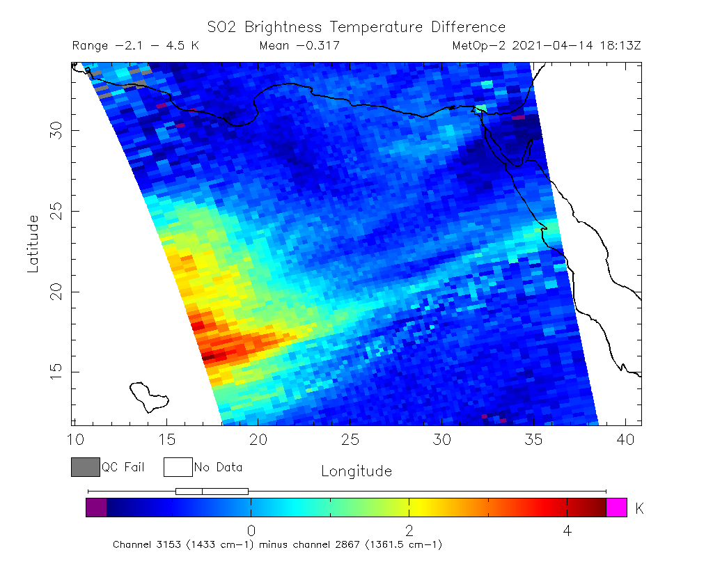 SO2 Brightness Temperature Difference 2021-04-14 18:13Z