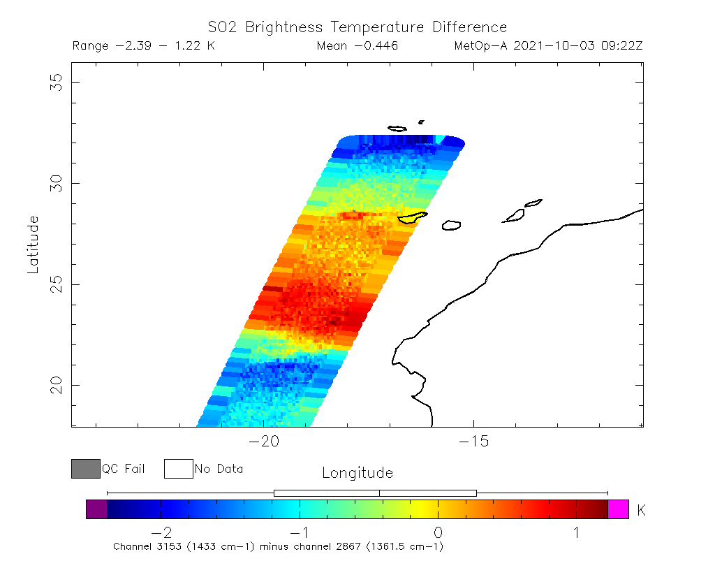 SO2 Brightness Temperature Difference 2021-10-03 09:22Z