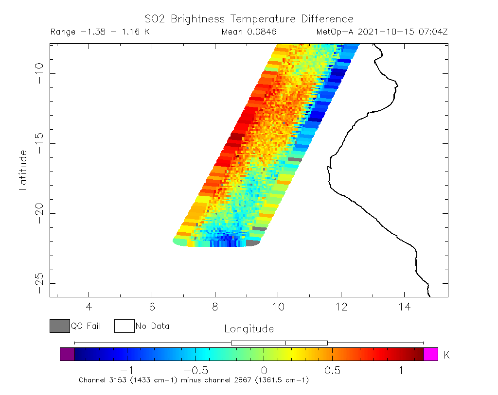 SO2 Brightness Temperature Difference 2021-10-15 07:04Z