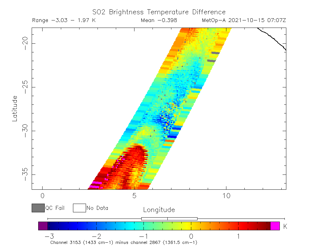 SO2 Brightness Temperature Difference 2021-10-15 07:07Z